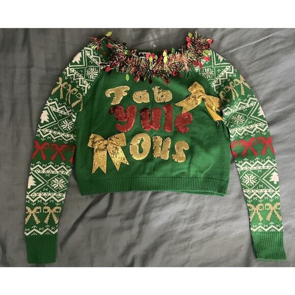 Planet Heart Women’s Size Medium Fab Yule Ous Christmas Sweater Green Sequin Bow - Picture 1 of 4